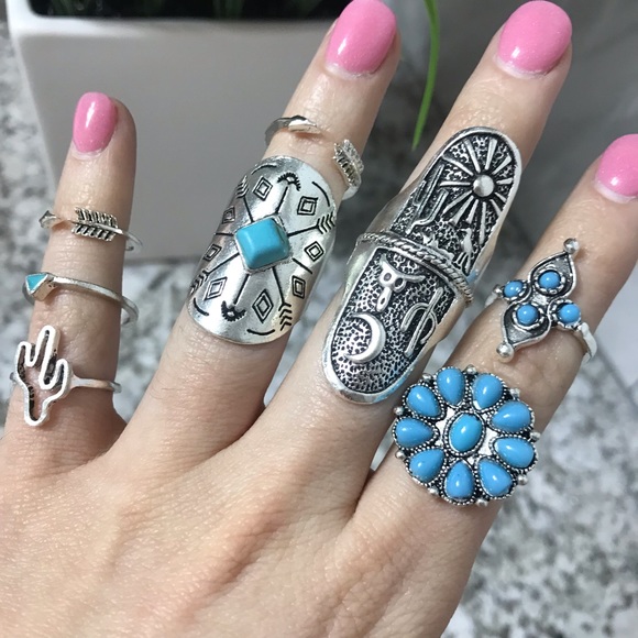 9 Piece Bohemian Turquoise Ring Set - Picture 5 of 8